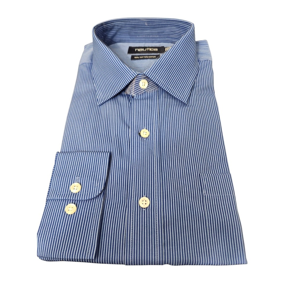 Nautica Men's Dress Shirt Blue Stripe 100% Cotton Size 16 1/2. 34/35 New no Tags